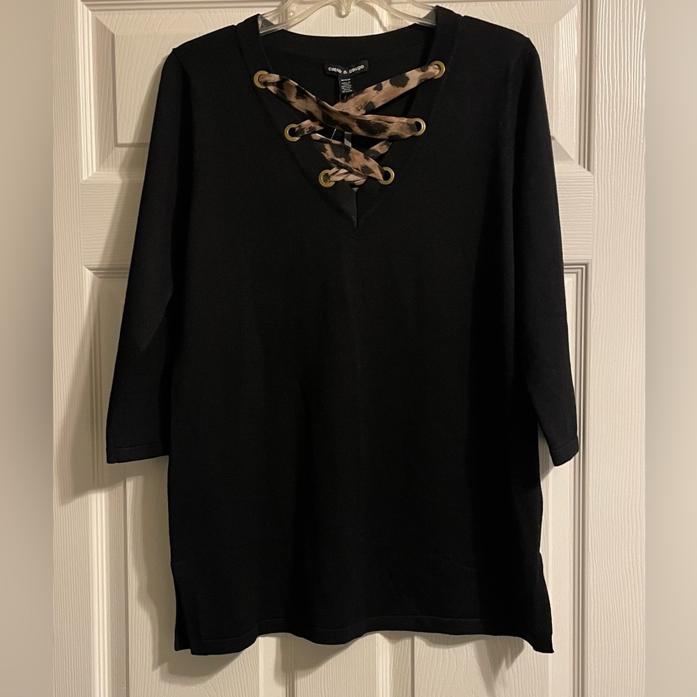 Black Lace-Up Top with Animal Print Detail